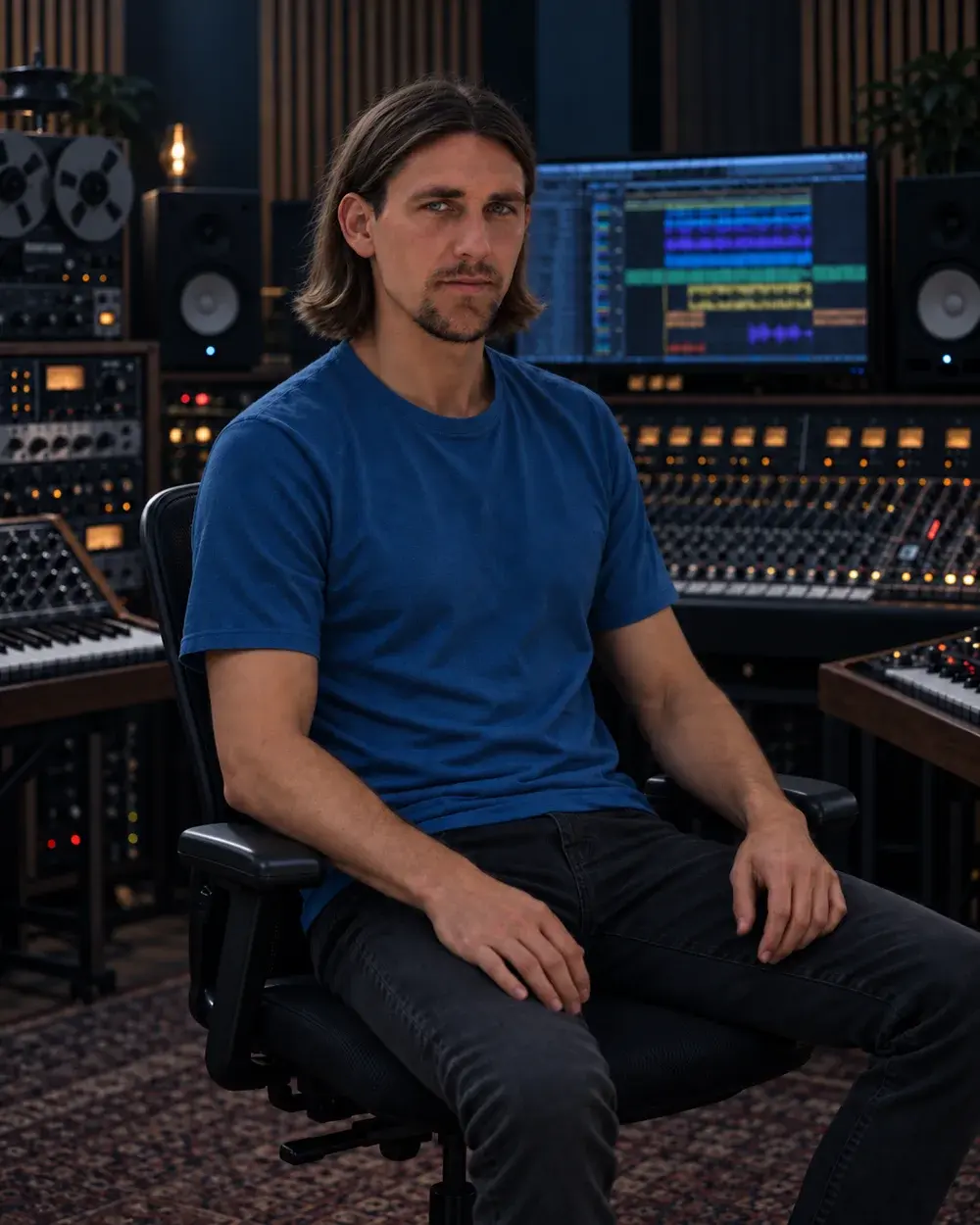 AI-assisted studio portrait of Martynas seated among synthesizers and recording equipment